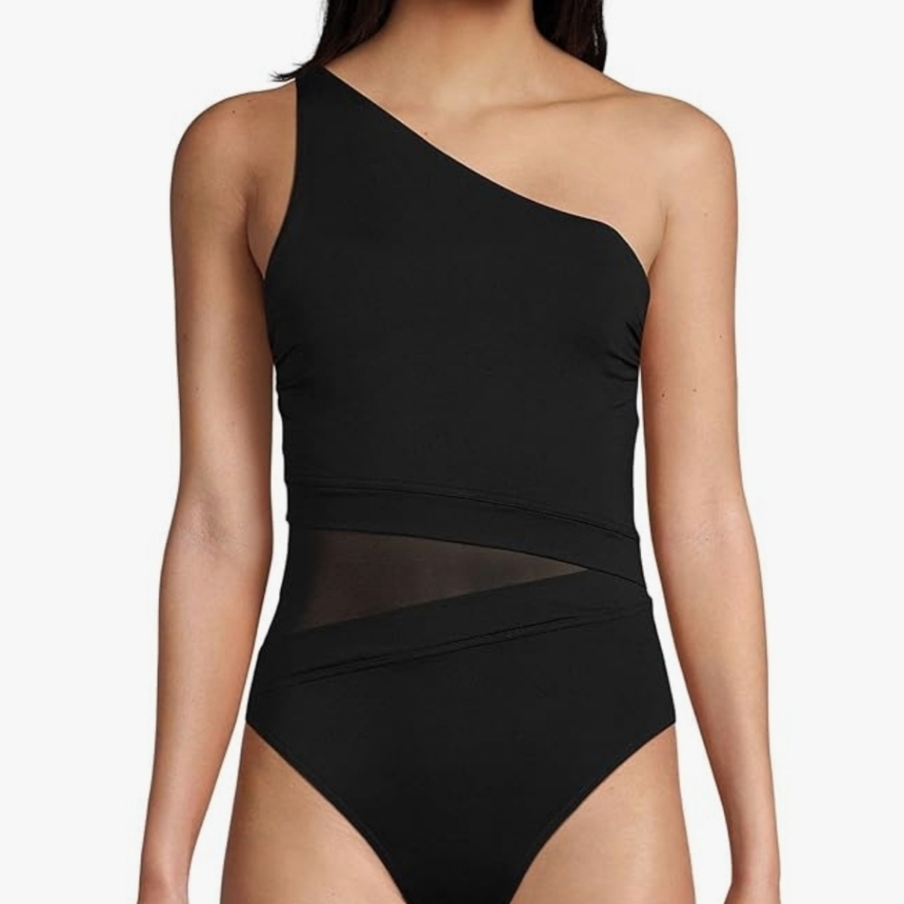 Lands' End Wmn's 8 One Shoulder High Leg Shine Shirred One Piece Swimsuit Black